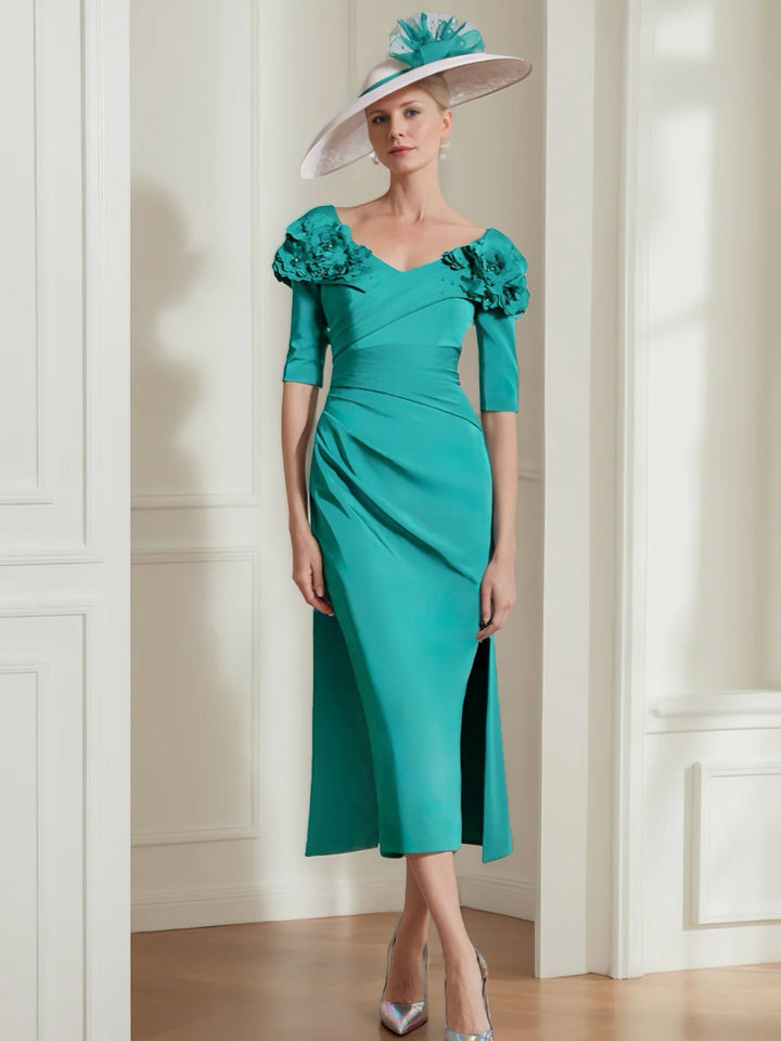 Sheath/Column Sweetheart Tea-Length Half Sleeves Mother of the Bride Dresses with 3D Flower