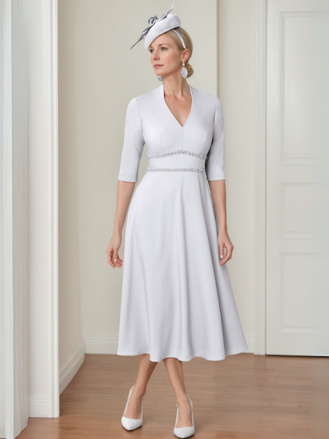 A-Line/Princess V-Neck Tea-Length Half Sleeves Mother of the Bride Dresses with Beading