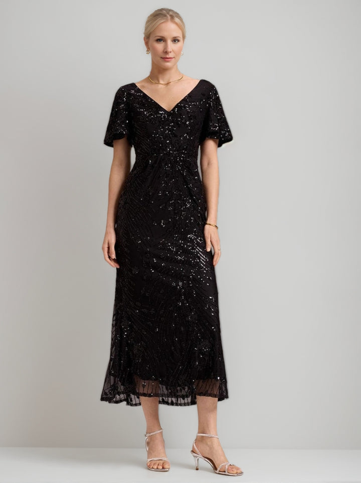 A-Line/Princess Short Sleeves Tea-Length Mother of the Bride Dresses with Sequins