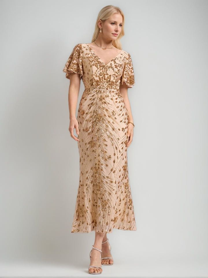 A-Line/Princess Short Sleeves Tea-Length Mother of the Bride Dresses with Sequins