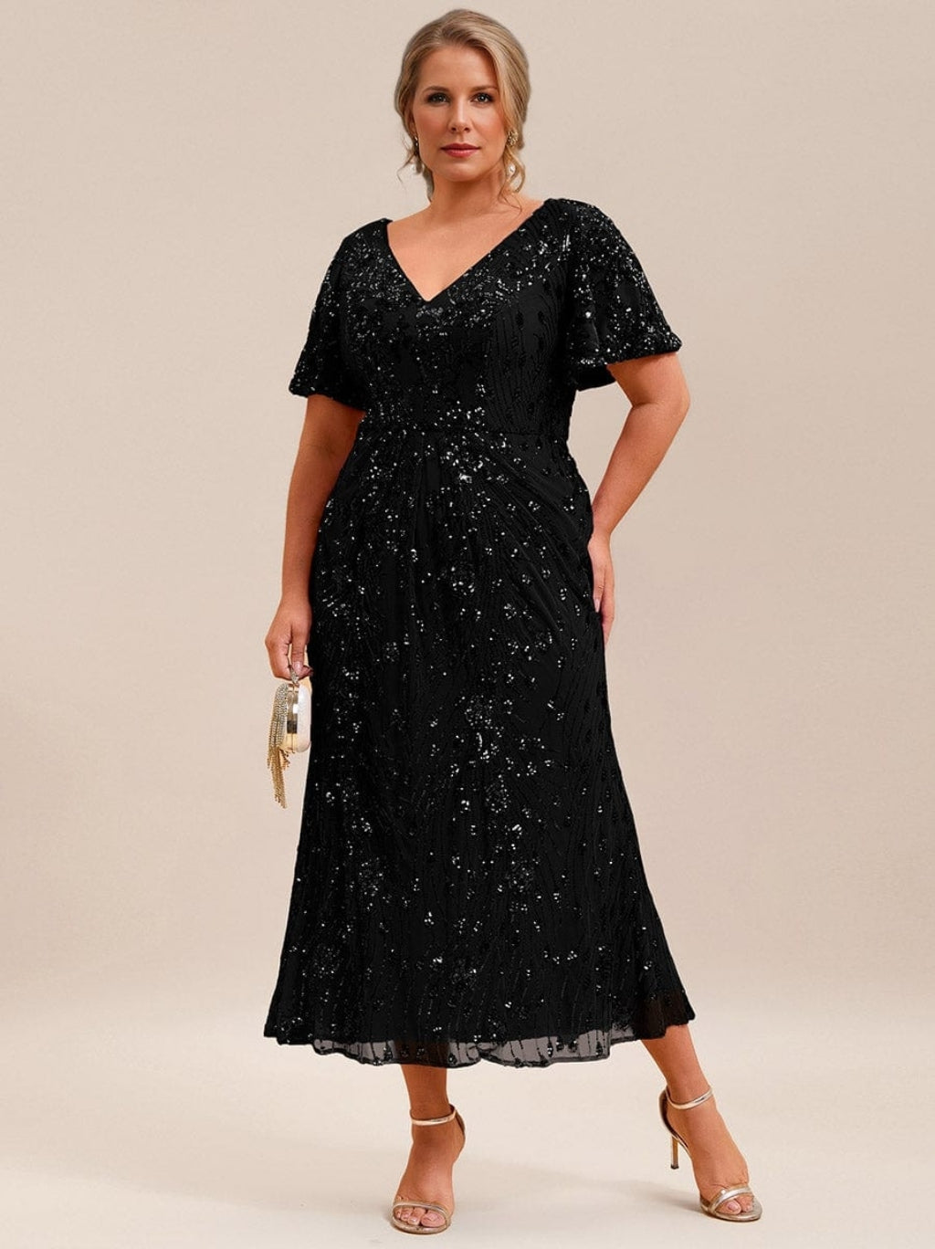 A-Line/Princess Short Sleeves Tea-Length Plus Size Mother of the Bride Dresses with Sequins