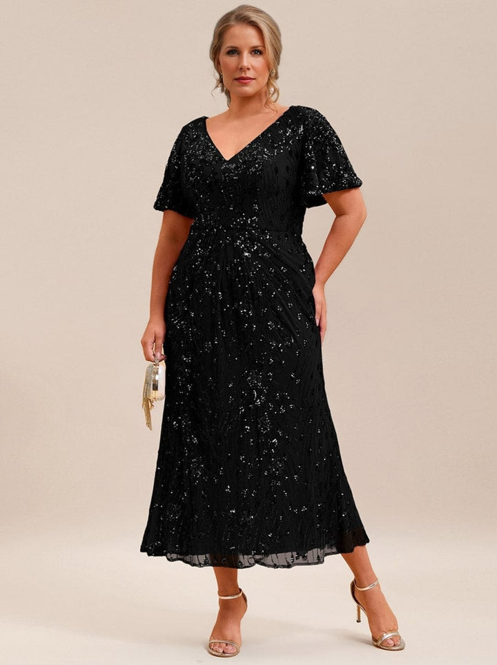 A-Line/Princess Short Sleeves Tea-Length Plus Size Mother of the Bride Dresses with Sequins