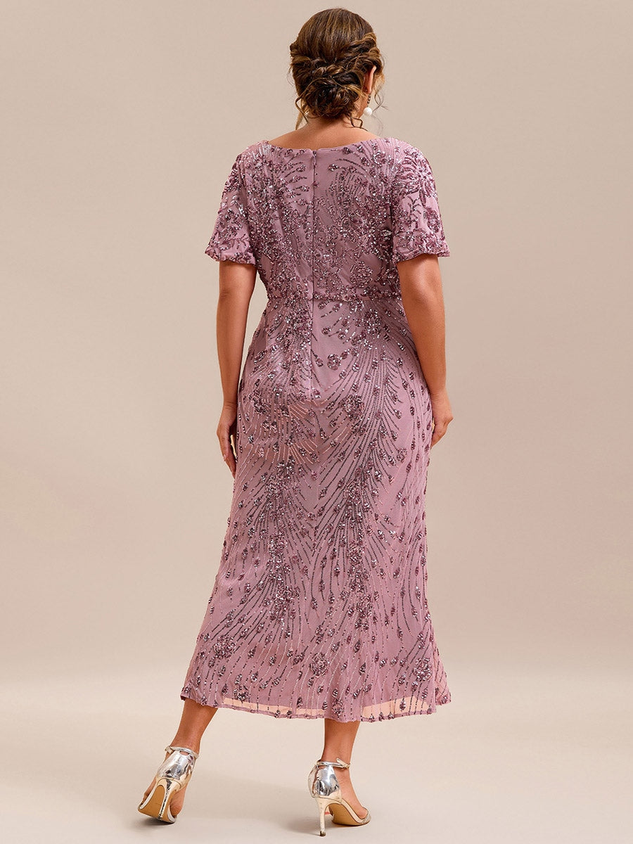 A-Line/Princess Short Sleeves Tea-Length Plus Size Mother of the Bride Dresses with Sequins