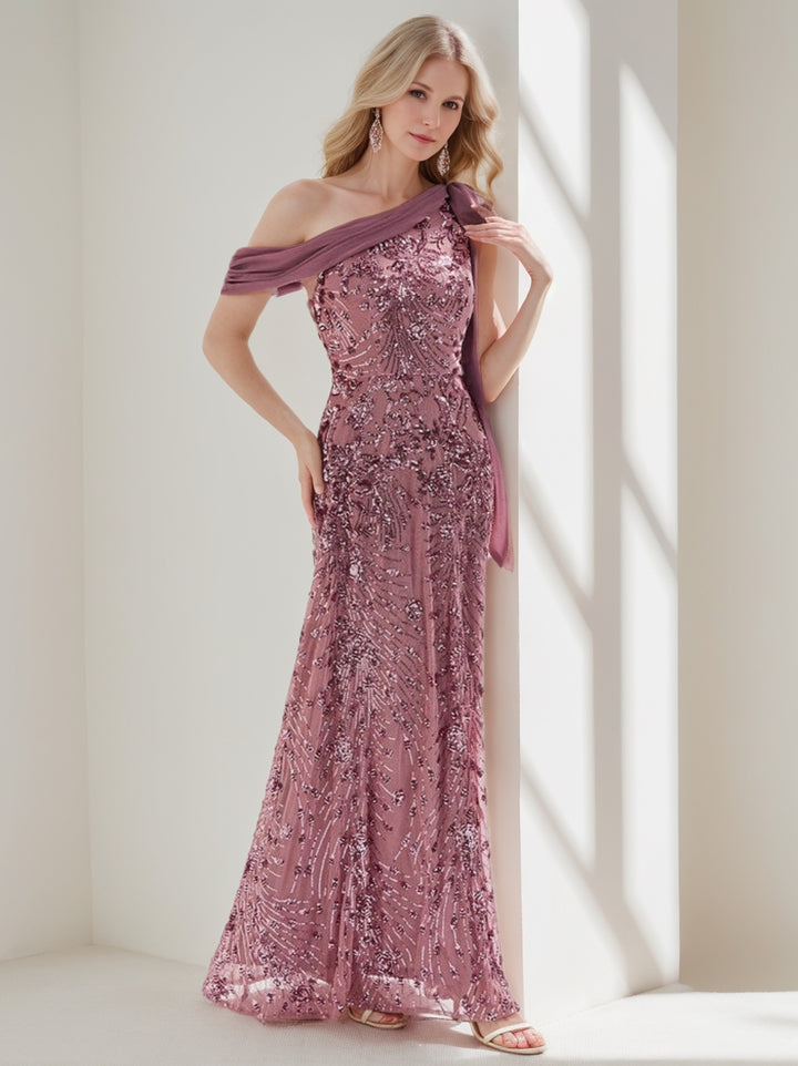 Sheath/Column One Shoulder Floor-Length Mother of the Bride Dresses with Sequins & Floaty Cape