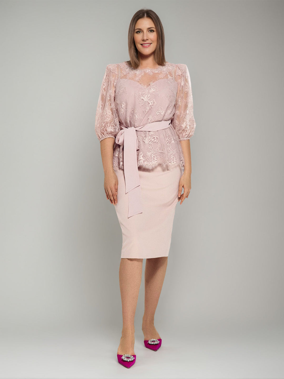 2 Pieces Round Neck Plus Size Half Sleeves Pencil Skirt Mother of the Bride Dresses with Lace & Sash