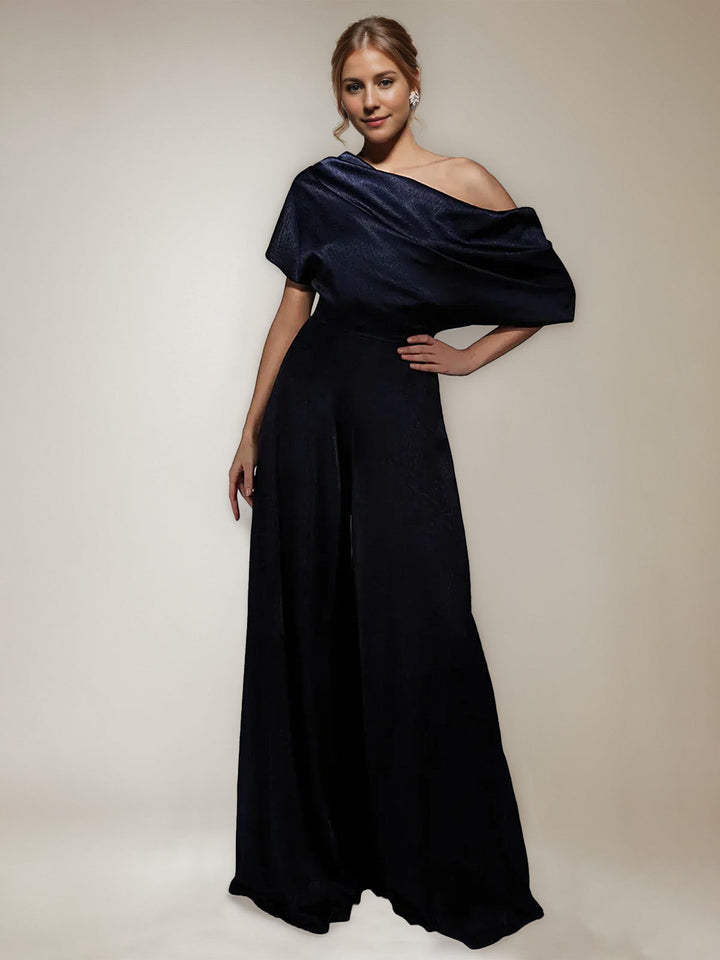 One Shoulder Floor-Length Short Sleeves Wide-Leg Mother of the Bride Jumpsuits