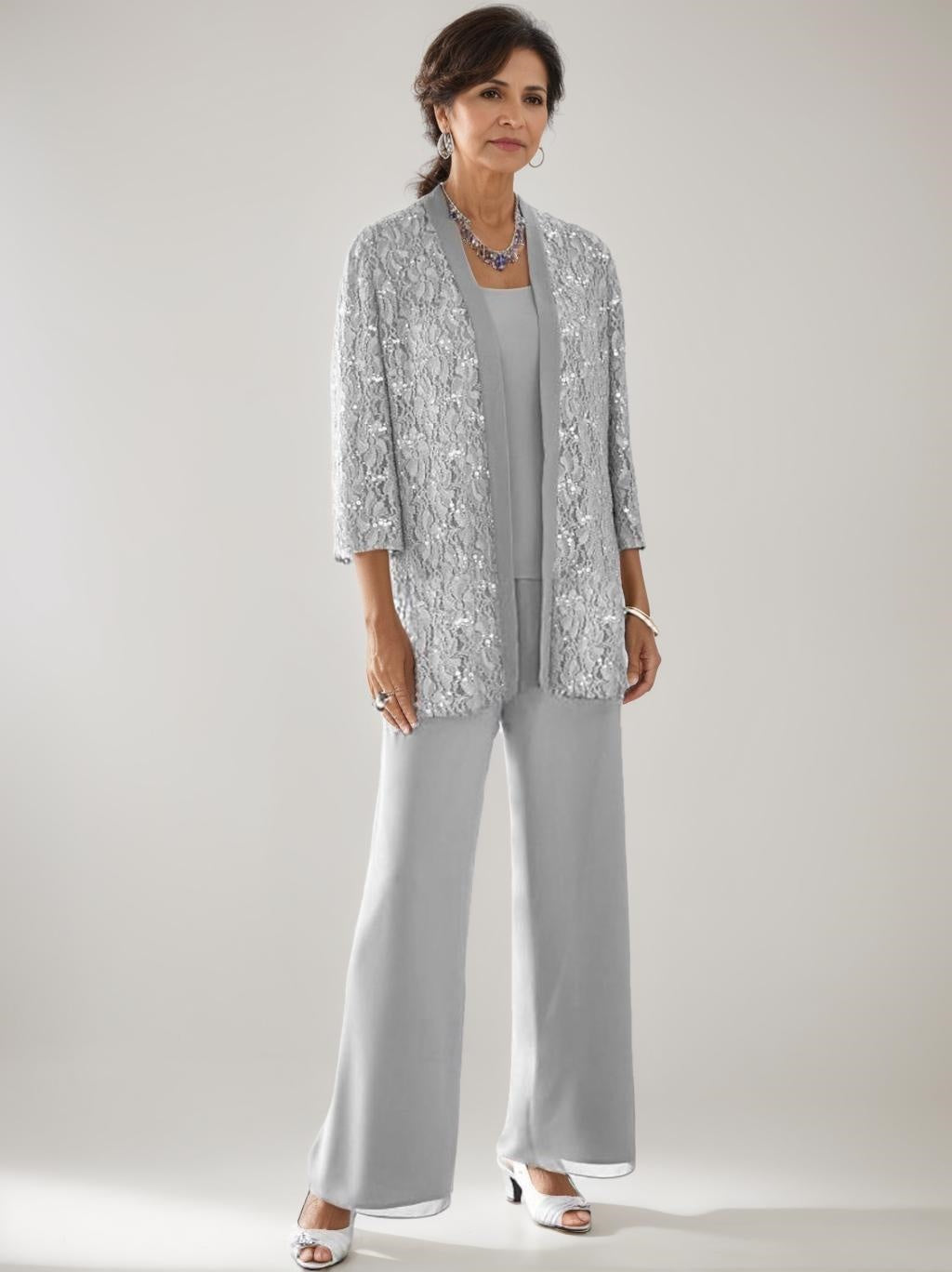 3 Pieces Scoop Neck 3/4 Sleeves Ankle-Length Mother of the Bride Pantsuits with Lace & Sequins & Jacket
