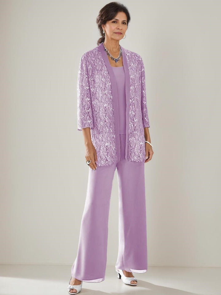 3 Pieces Scoop Neck 3/4 Sleeves Ankle-Length Mother of the Bride Pantsuits with Lace & Sequins & Jacket