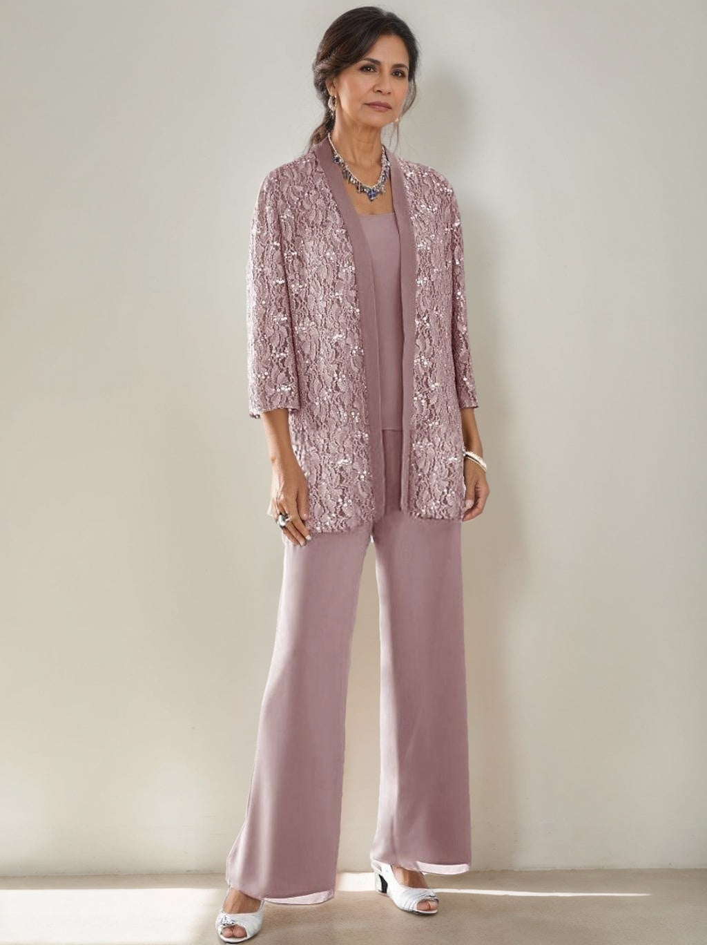 3 Pieces Scoop Neck 3/4 Sleeves Ankle-Length Mother of the Bride Pantsuits with Lace & Sequins & Jacket
