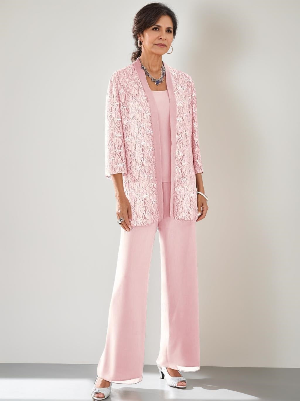 3 Pieces Scoop Neck 3/4 Sleeves Ankle-Length Mother of the Bride Pantsuits with Lace & Sequins & Jacket