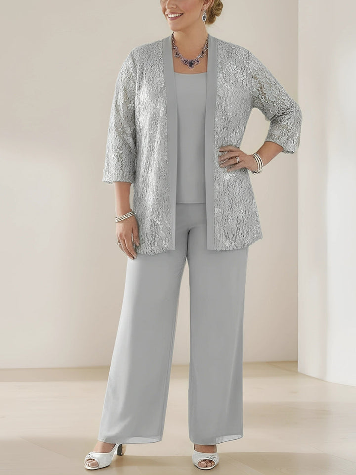 3 Pieces Scoop Neck 3/4 Sleeves Plus Size Mother of the Bride Pantsuits with Lace & Sequins & Jacket Ankle-Length