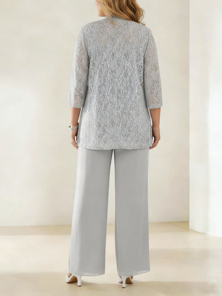 3 Pieces Scoop Neck 3/4 Sleeves Plus Size Mother of the Bride Pantsuits with Lace & Sequins & Jacket Ankle-Length