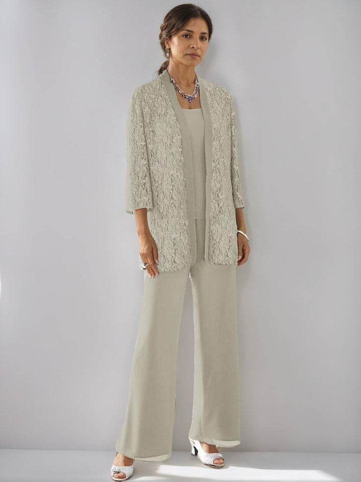 3 Pieces Scoop Neck 3/4 Sleeves Ankle-Length Mother of the Bride Pantsuits with Lace & Sequins & Jacket