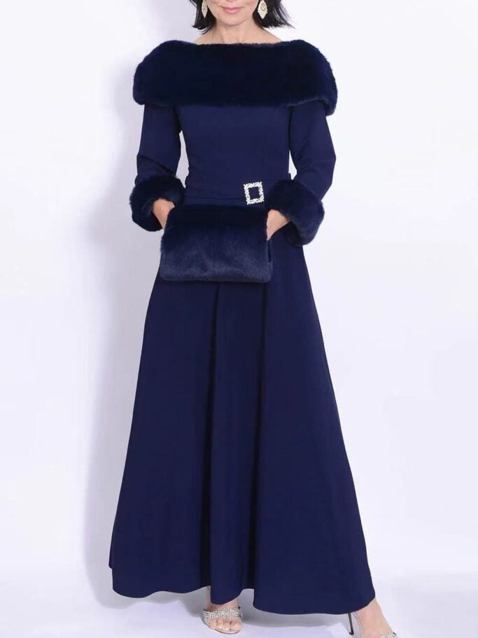 A-Line/Princess 3/4 Length Sleeves Tea-Length Mother of the Bride Dresses with Fur Collar