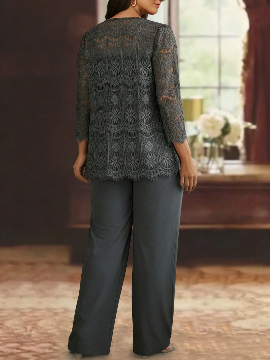 Chiffon Lace Scoop Plus Size Mother of the Bride Pantsuits with Jacket 3/4 Sleeves Ankle-Length