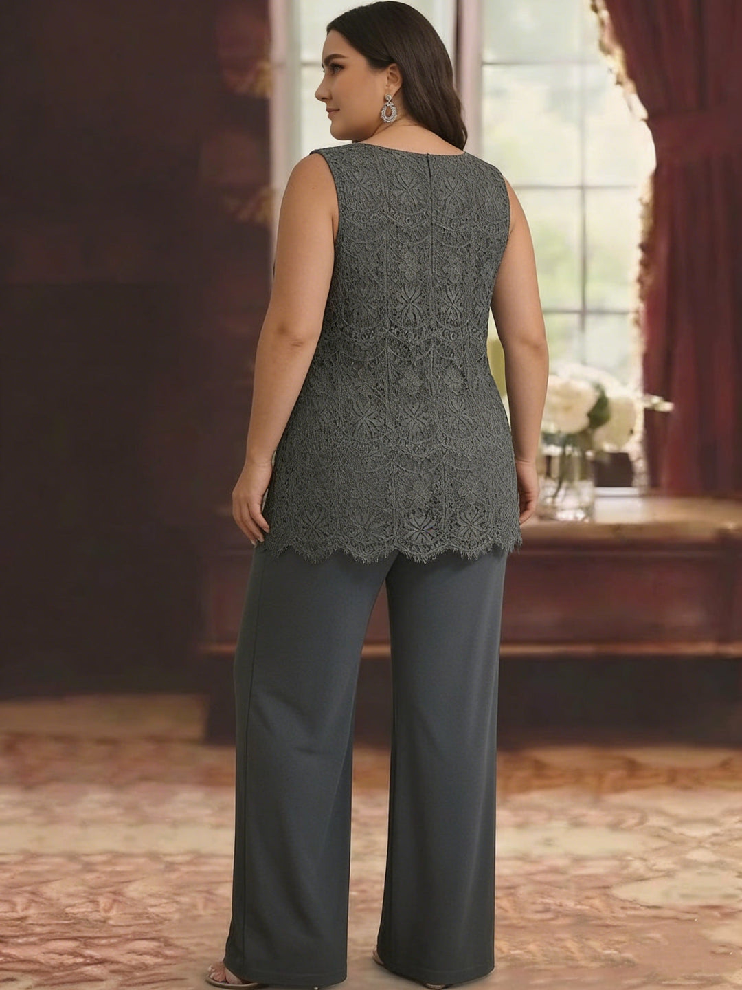 Chiffon Lace Scoop Plus Size Mother of the Bride Pantsuits with Jacket 3/4 Sleeves Ankle-Length