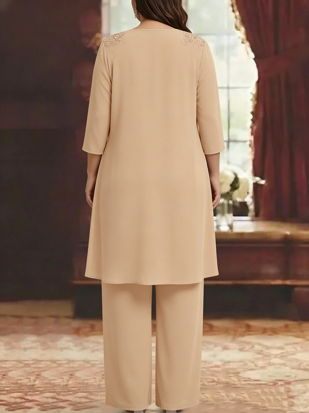 Chiffon V-Neck 3/4 Sleeves Plus Size Mother of the Bride Pantsuits with Jacket Lace Appliques Ankle-Length
