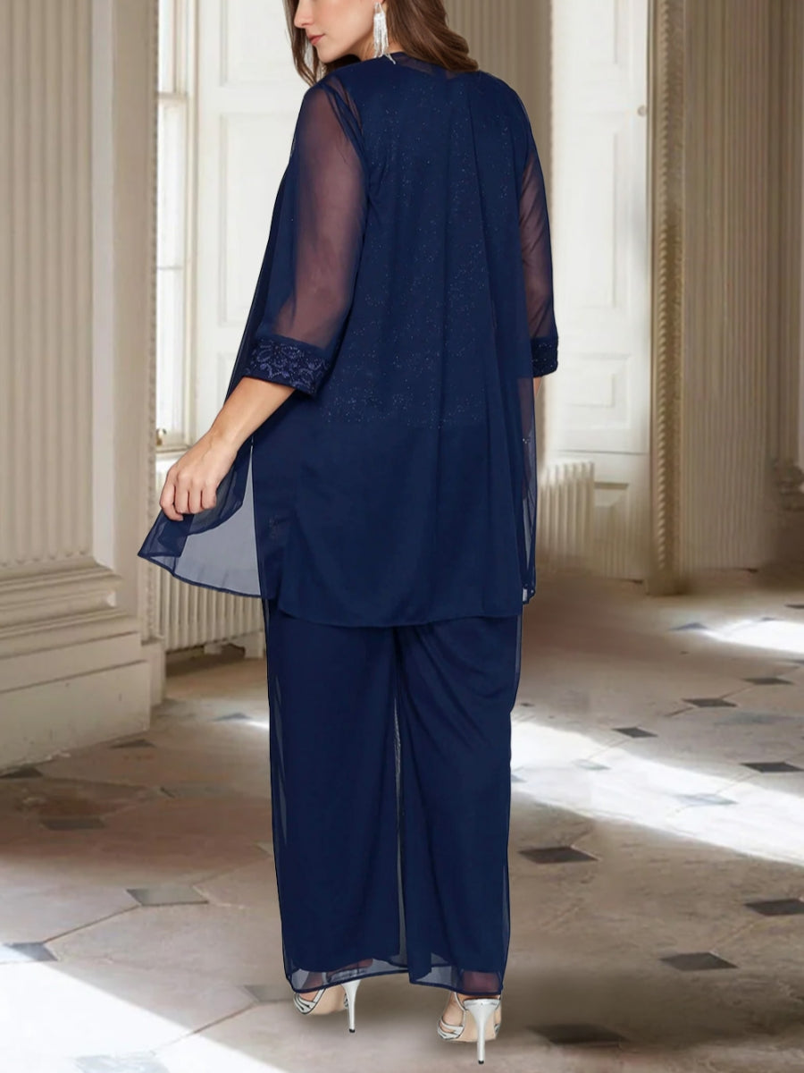 Jewel Neck 3/4 Sleeves Ankle-Length Mother of the Bride Pantsuits with Jacket Chiffon