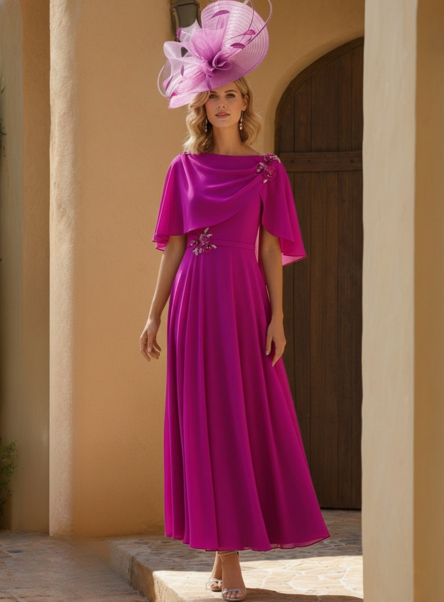 A-Line/Princess Chiffon Wedding Guest Dresses Cape Bateau Neckline