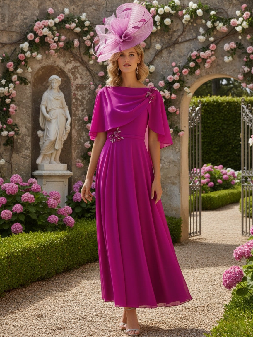 A-Line/Princess Chiffon Wedding Guest Dresses Cape Bateau Neckline