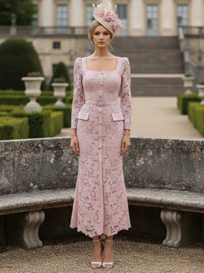 Sheath/Column Lace Long Sleeves Square Collar Mother of the Bride Dresses Ankle-Length