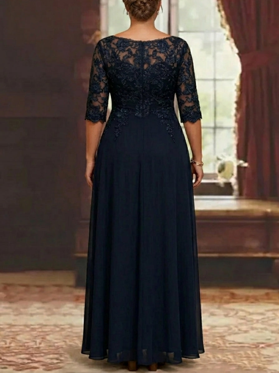 A-Line/Princess Chiffon Scoop Plus Size Mother of the Bride Dresses Half Sleeves Lace Ankle-Length