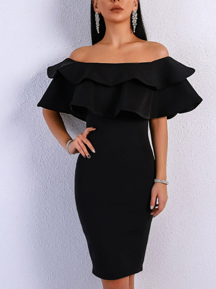 Sheath/Column Off-the-Shoulder Knee-Length Wedding Guest Dresses Stretch Satin Ruffles