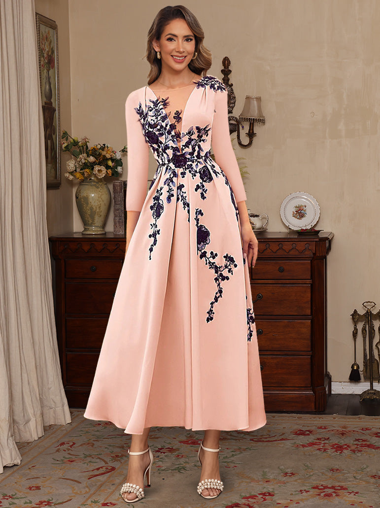 A-Line/Princess V-Neck Satin Mother of the Bride Dresses Lace Pleated 3/4 Sleeves Ankle-Length