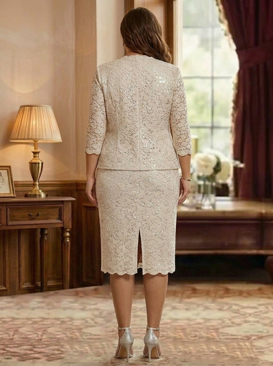 Sheath/Column 2 Pieces Scoop Lace Plus Size Mother of the Bride Dresses with Jacket 3/4 Sleeves Knee-Length
