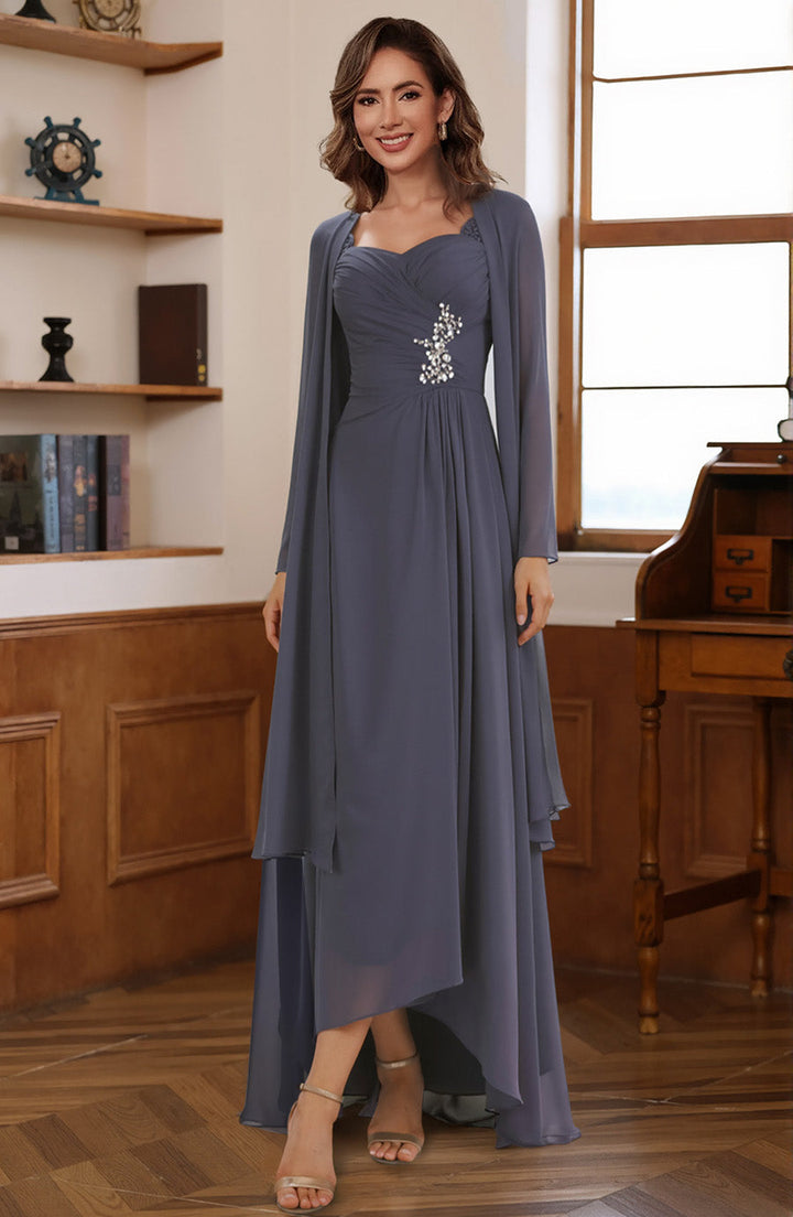 A-Line/Princess 2 Pieces Chiffon Sweetheart Mother of the Bride Dresses with Jacket Ankle-Length Long Sleeves