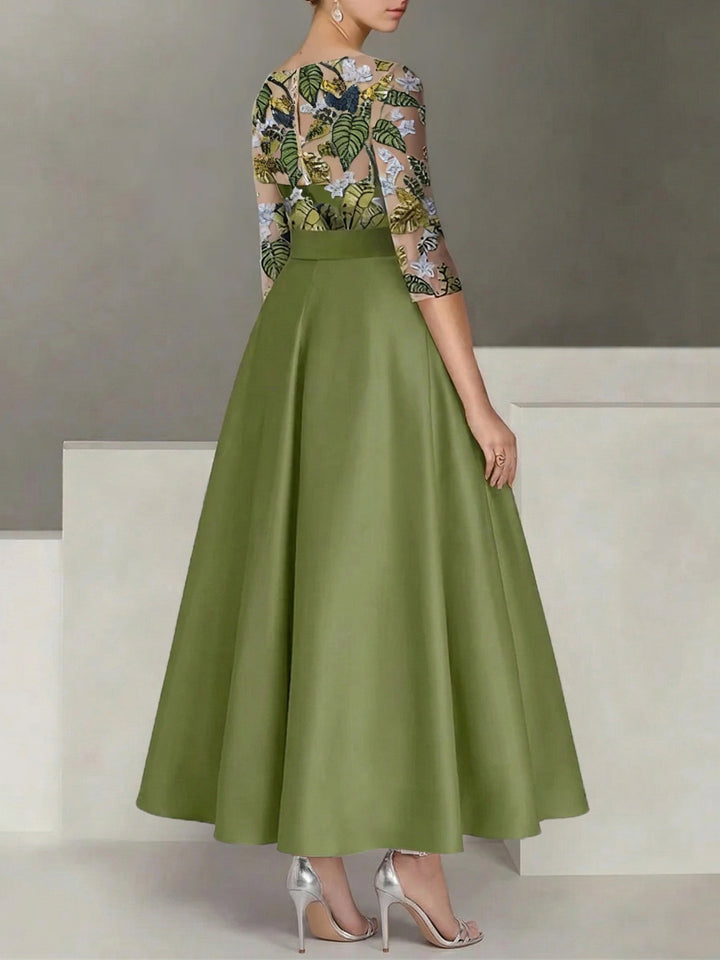 A-Line/Princess Satin Scoop Mother of the Bride Dresses 3/4 Sleeves Ankle-Length Floral Sequins