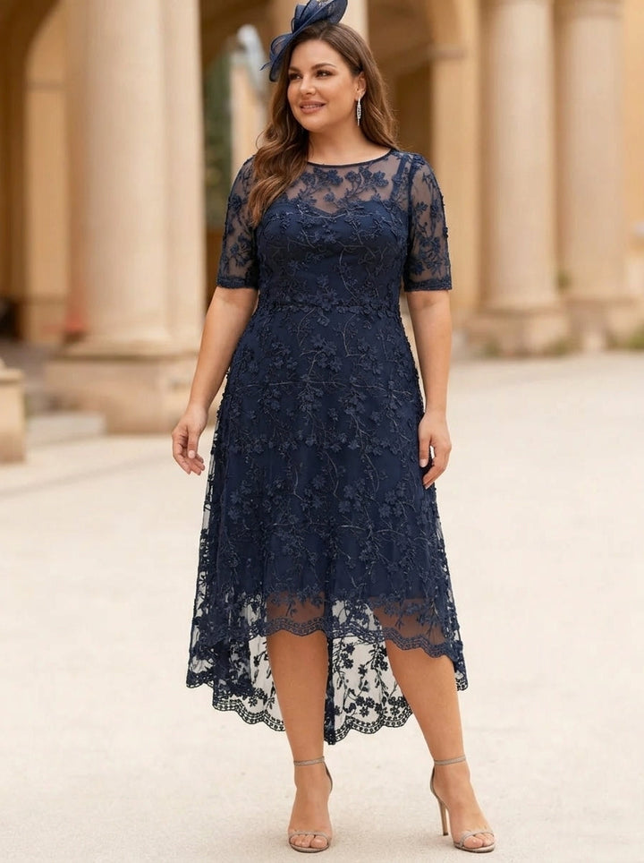 A-Line/Princess Scoop Lace Plus Size Mother of the Bride Dresses Tea-Length Half Sleeves