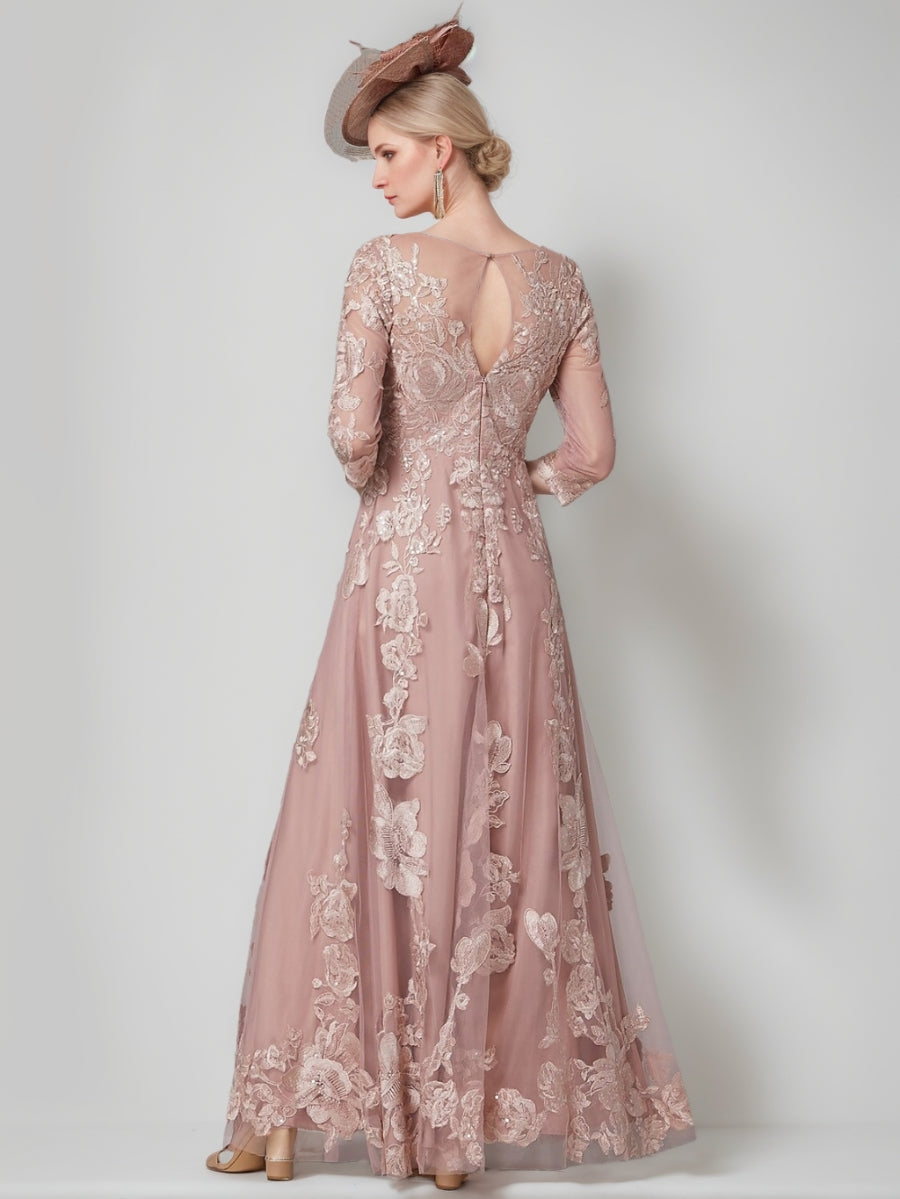 A-Line/Princess Scoop 3/4 Sleeves Lace Mother of the Bride Dresses Floor-Length Evening Dress Formal Dress