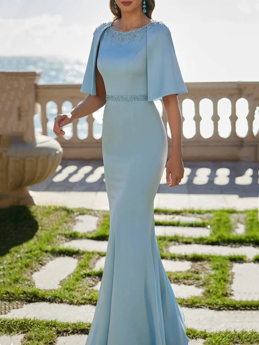 Trumpet/Mermaid Scoop Satin Mother of the Bride Dresses Beading Cape Sleeves Floor-Length