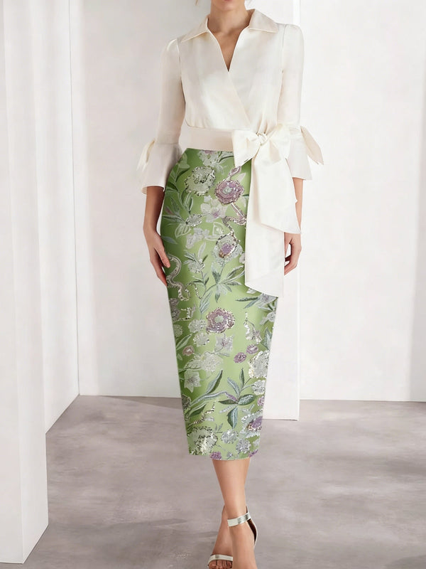 Sheath/Column V-Neck Satin Mother of the Bride Dresses 3/4 Sleeves Shirt Collar Tea-Length Cocktail Dresses