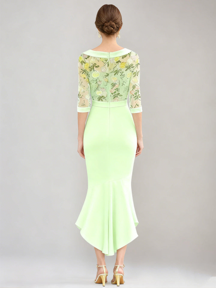 Trumpet/Mermaid Scoop Stretch Satin Mother of the Bride Dresses Floral Lace Half Sleeves Tea-Length Cocktail Dress
