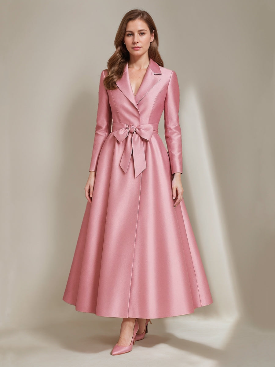 A-Line/Princess V-Neck Satin Mother of the Bride Dresses Long Sleeves Ankle-Length Bowknot