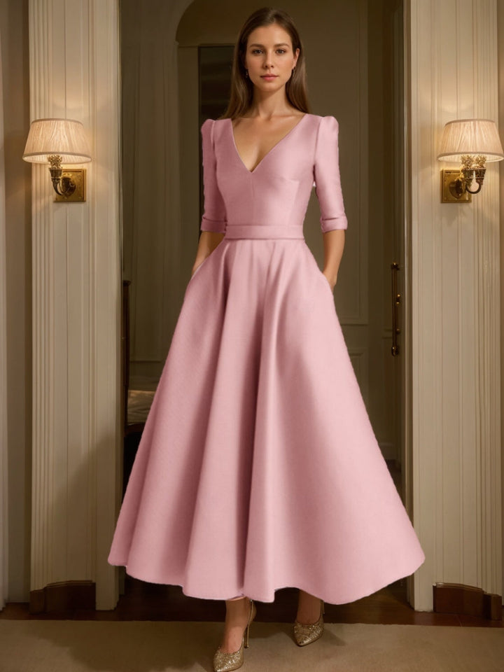 A-Line/Princess V-Neck Satin Mother of the Bride Dresses Half Sleeves Ankle-Length Formal Dresses
