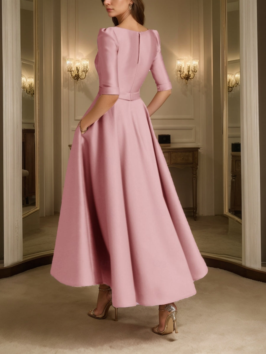 A-Line/Princess V-Neck Satin Mother of the Bride Dresses Half Sleeves Ankle-Length Formal Dresses