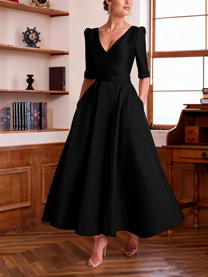 A-Line/Princess V-Neck Satin Mother of the Bride Dresses Half Sleeves Ankle-Length Formal Dresses