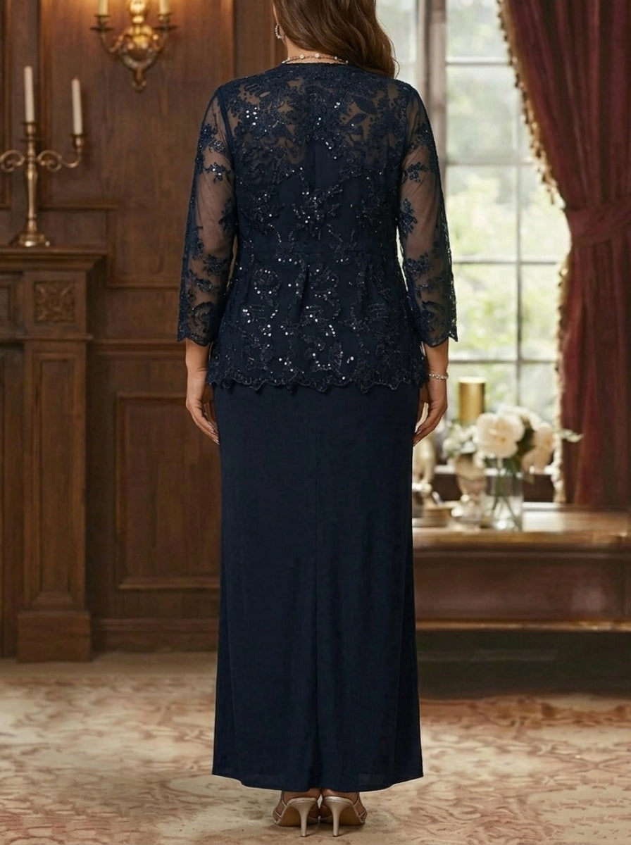 Sheath/Column Scoop Chiffon Plus Size Mother of the Bride Dresses with Jacket Lace Ankle-Length Long Sleeves
