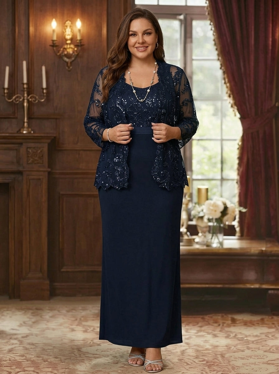 Sheath/Column Scoop Chiffon Plus Size Mother of the Bride Dresses with Jacket Lace Ankle-Length Long Sleeves