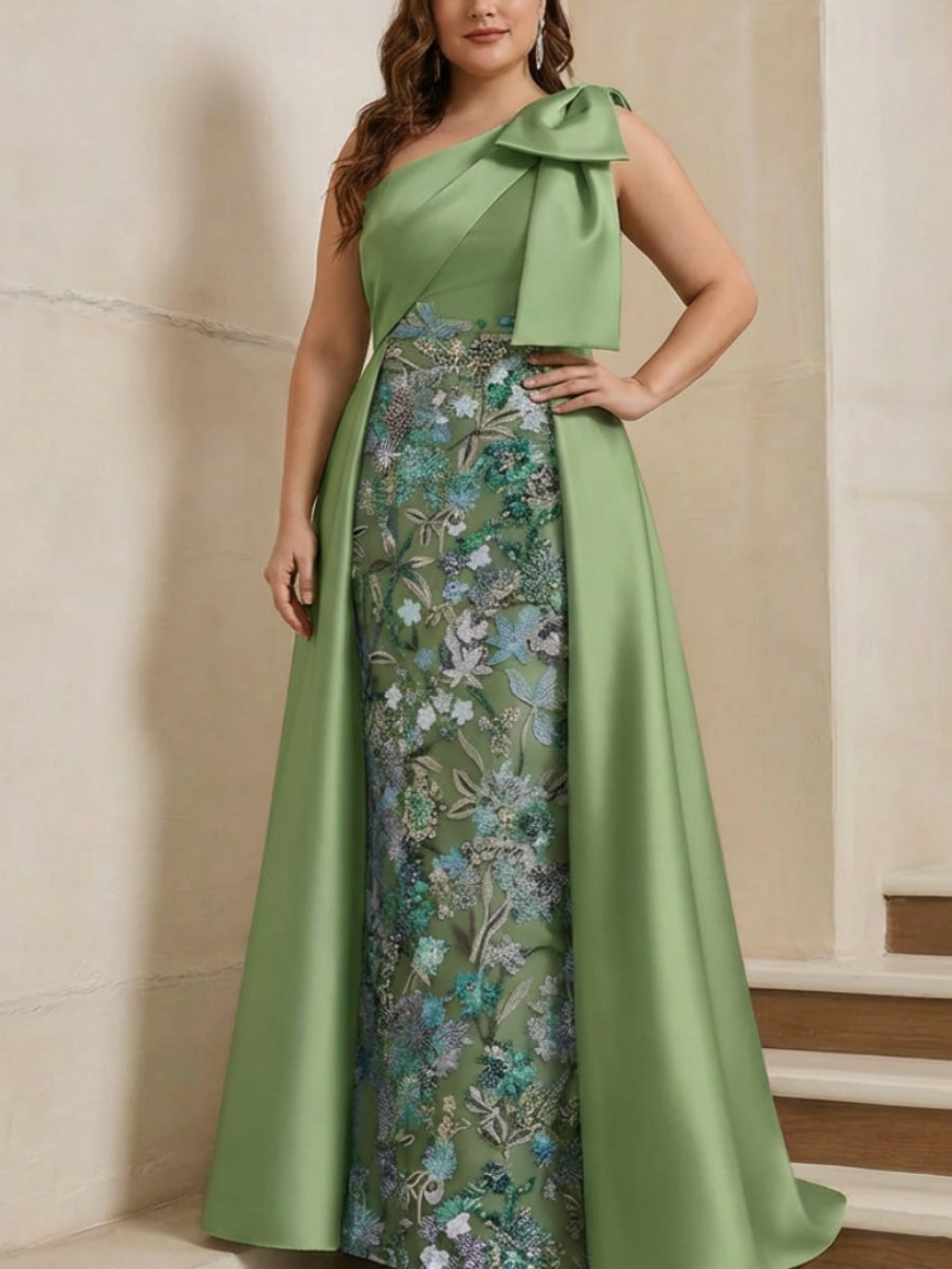 Sheath/Column One-Shoulder Satin Plus Size Mother of the Bride Dresses with Overskirt Sleeveless Floor-Length Bow