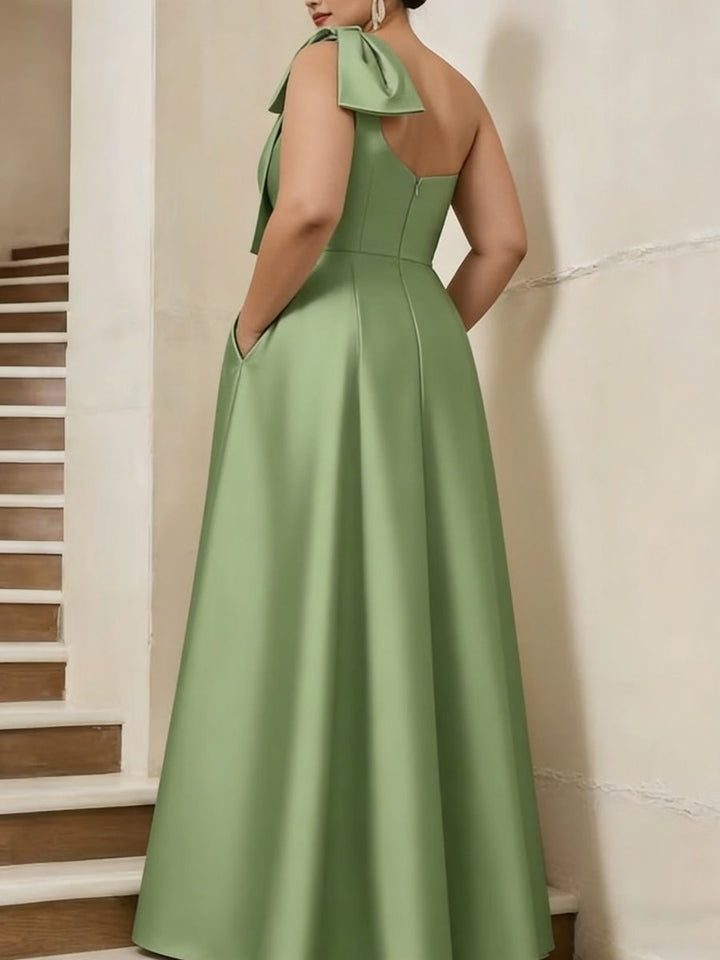 Sheath/Column One-Shoulder Satin Plus Size Mother of the Bride Dresses with Overskirt Sleeveless Floor-Length Bow