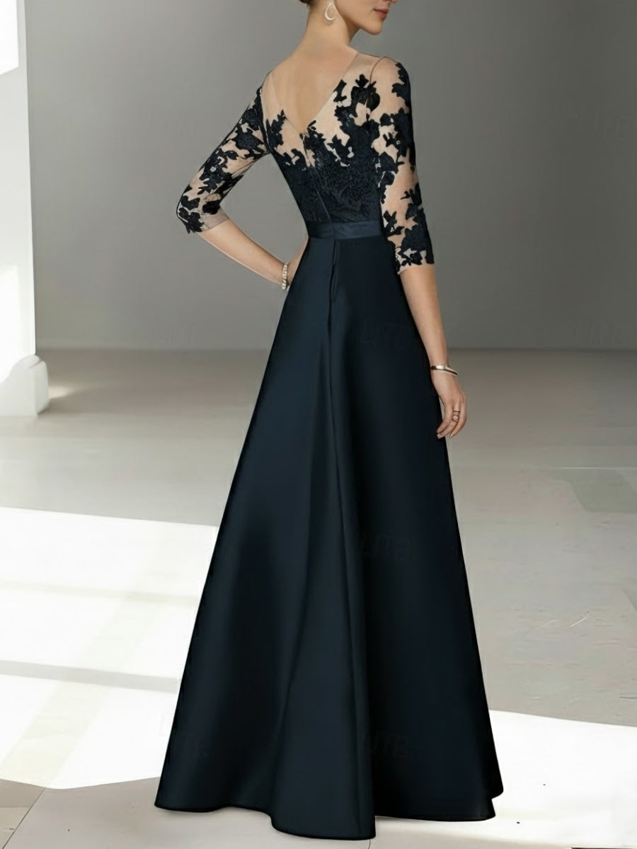 A-Line/Princess Scoop Satin Mother of the Bride Dresses 3/4 Sleeves Lace Floor-Length Floral