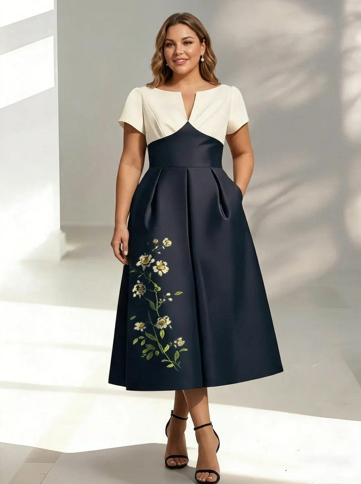 A-Line/Princess V-Neck Satin Plus Size Mother of the Bride Dresses Short Sleeves Floral Tea-Length Appliques