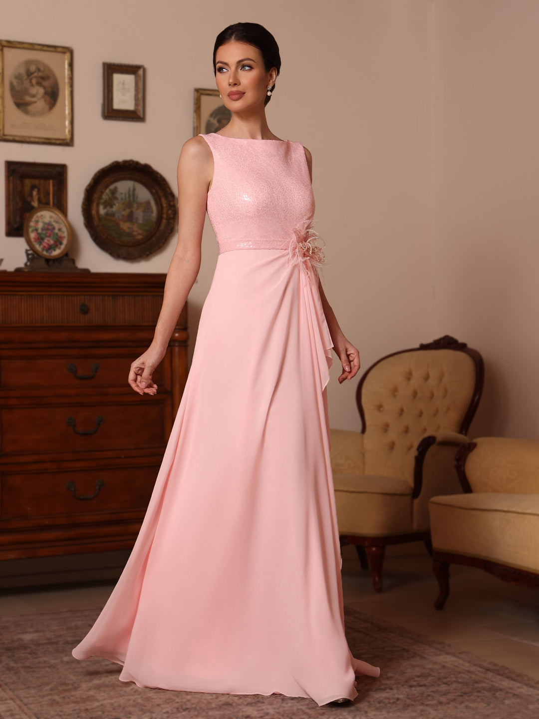 A-Line/Princess Cowl Neck Chiffon Mother of the Bride Dresses Sequins Floor-Length Sleeveless Ruffles