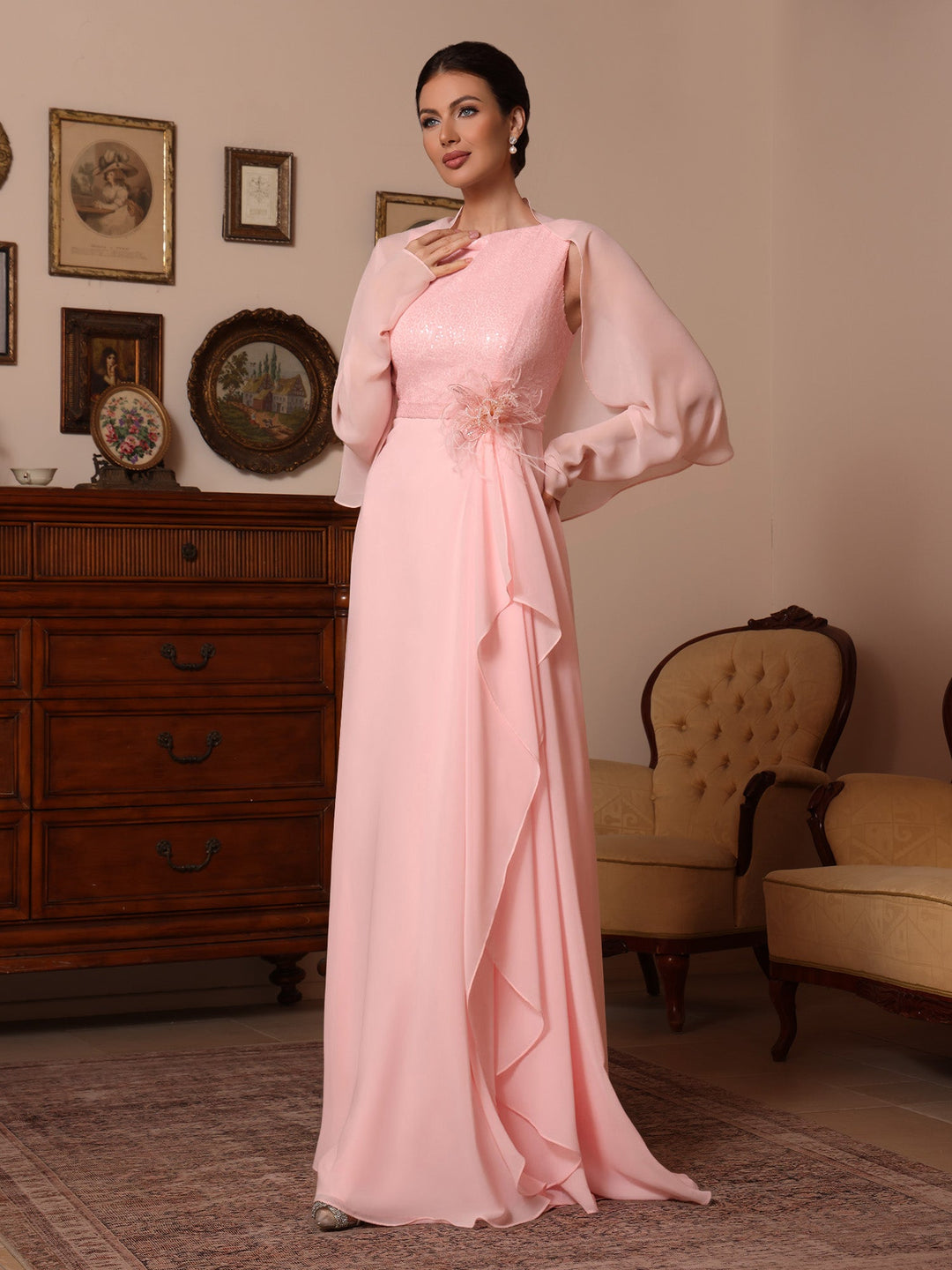 A-Line/Princess Cowl Neck Chiffon Mother of the Bride Dresses Sequins Floor-Length Sleeveless Ruffles