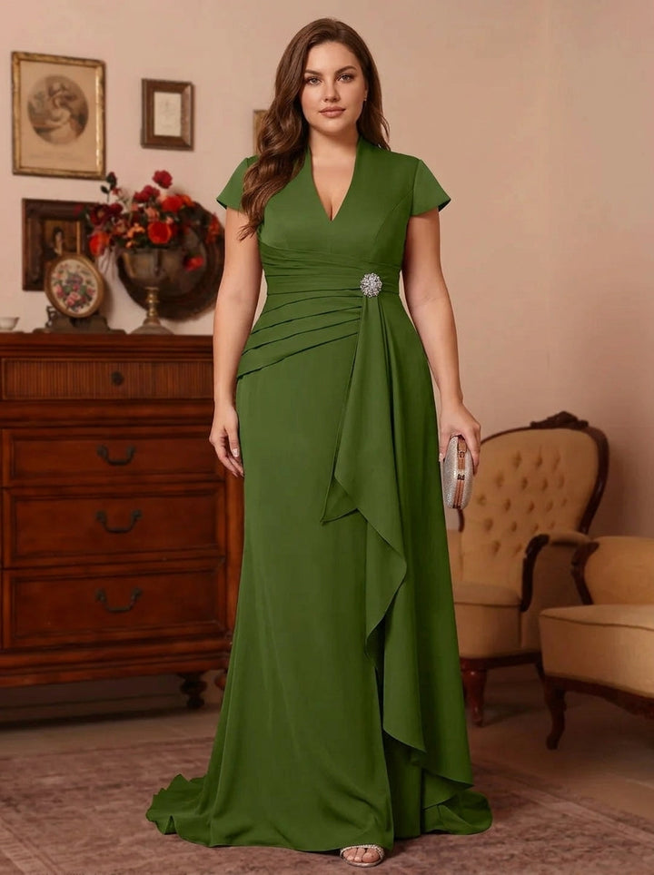 Trumpet/Mermaid V-Neck Stretch Satin Plus Size Mother of the Bride Dresses Floor-Length Sweep Train Cap Sleeves Ruffles