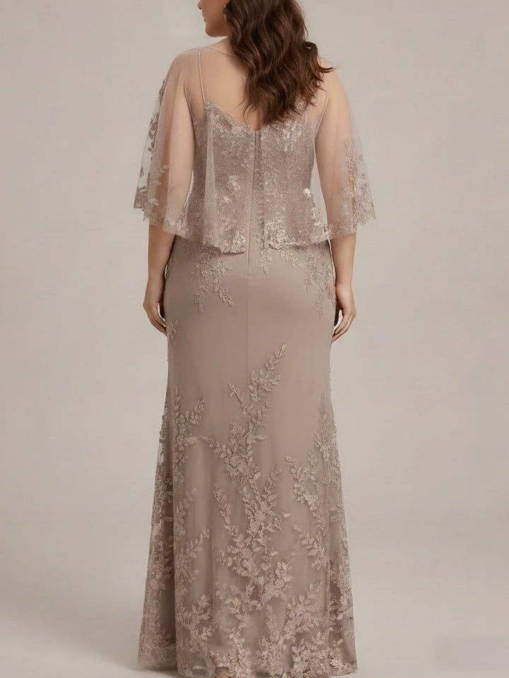 2 Pieces Sheath/Column Scoop Lace Plus Size Mother of the Bride Dresses with Wrap Beading Half Sleeves Floor-Length
